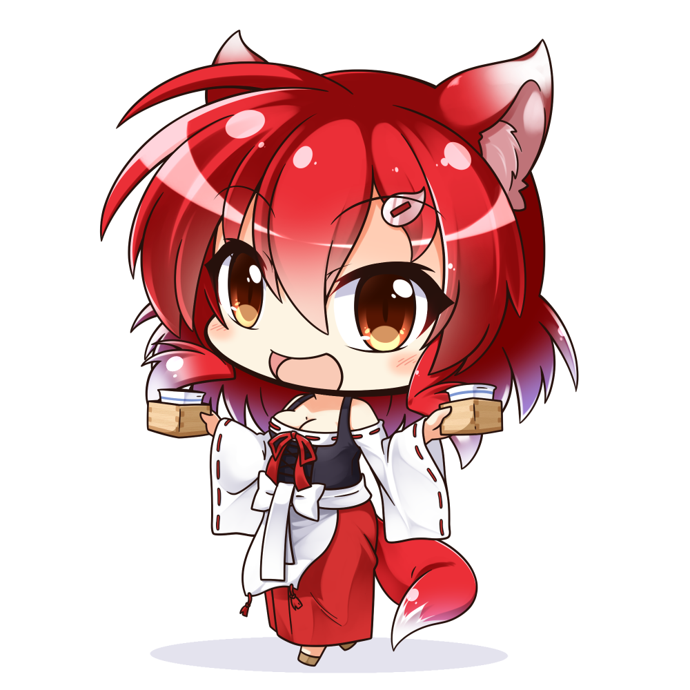 :d animal_ears apron bangs bare_shoulders blush bow breasts brown_eyes brown_footwear chibi cleavage commentary_request eyebrows_visible_through_hair fox_ears fox_girl fox_tail hair_between_eyes hair_ornament hairclip hakama holding japanese_clothes long_hair long_sleeves looking_at_viewer medium_breasts open_mouth original red_hair red_hakama ribbon-trimmed_sleeves ribbon_trim shachoo. smile solo standing tail white_apron white_background white_bow wide_sleeves
