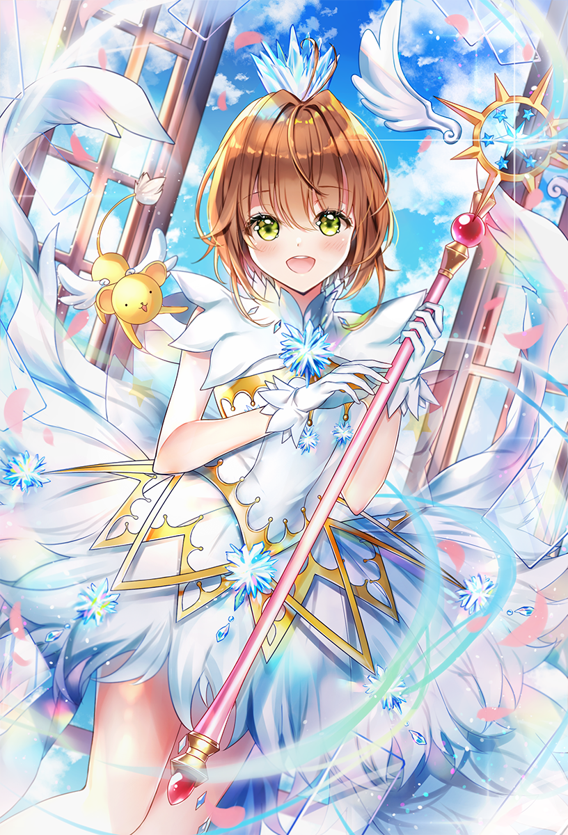 :d blue_sky brown_hair cardcaptor_sakura clear_card cloud day dress eyebrows_visible_through_hair green_eyes hair_between_eyes head_tilt highres holding holding_staff kero kinomoto_sakura lium looking_at_viewer open_mouth short_dress sky sleeveless sleeveless_dress smile staff white_dress white_wings wings yume_no_tsue