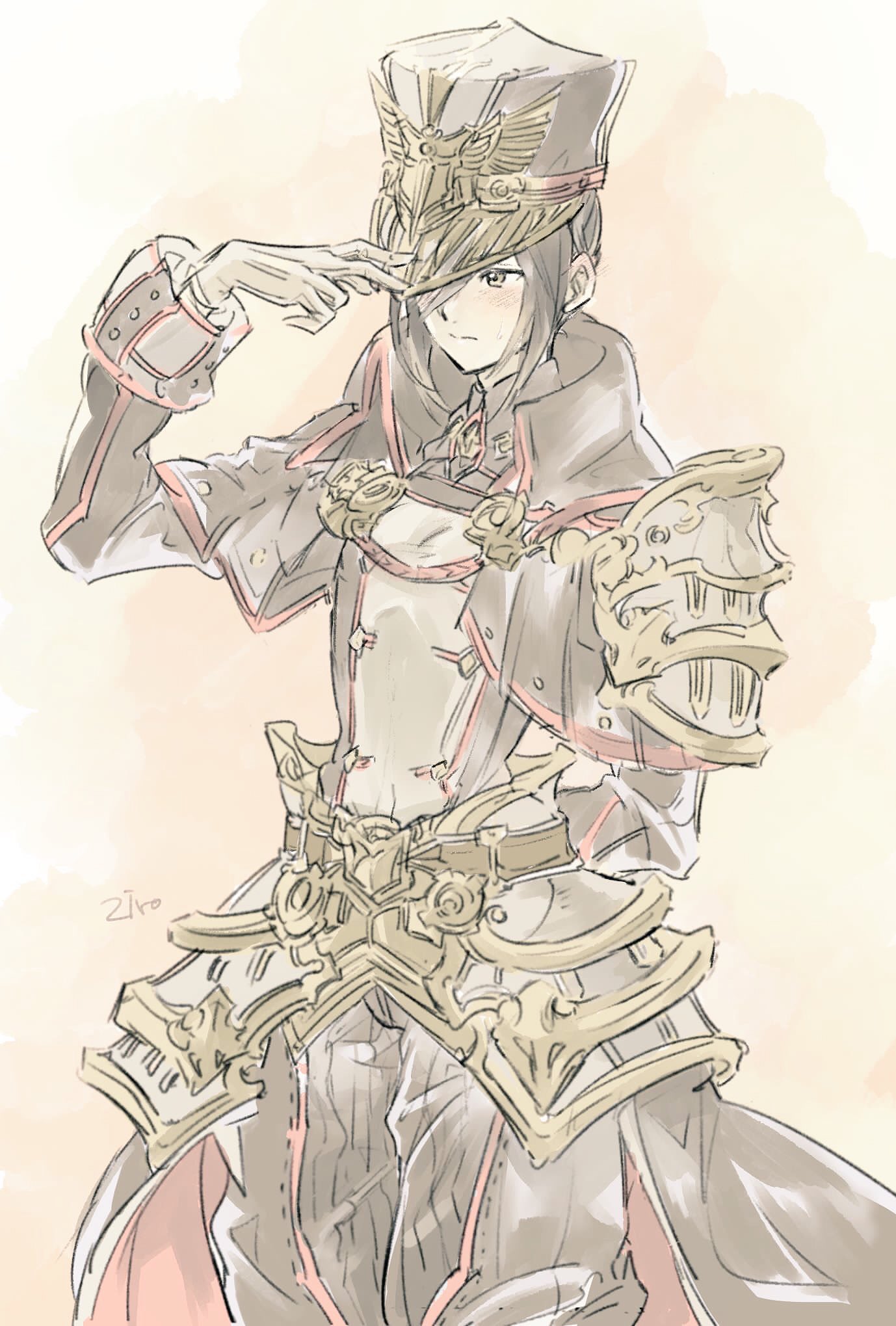 bad_id bad_twitter_id gloves hat highres long_hair meleph_(xenoblade) military military_hat military_uniform pauldrons reverse_trap simple_background solo uniform xenoblade_(series) xenoblade_2 ziro