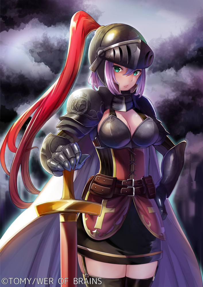 :/ aqua_eyes belt belt_buckle belt_pouch black_legwear black_skirt blush breastplate breasts buckle cape cleavage closed_mouth cloud cloudy_sky commentary_request copyright_name cowboy_shot cross_print emblem garter_straps gauntlets hair_between_eyes hand_on_hip helmet holding holding_sword holding_weapon knight lips looking_at_viewer medium_breasts meisuke_mei miniskirt official_art outdoors pauldrons pink_hair plume ponytail pouch short_hair shoulder_armor skirt sky solo standing sword thighhighs tsurime war_of_brains weapon white_cape zettai_ryouiki