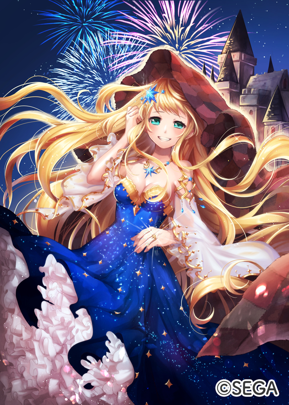 aqua_eyes bare_shoulders blanket blonde_hair blue_dress blush breasts castle detached_sleeves dress fireworks glint hair_ornament hand_up jewelry long_hair looking_at_viewer medium_breasts night night_sky official_art outdoors plaid ring sky smile solo standing star star_(sky) star_print starry_sky very_long_hair watermark wonderland_wars yamagishi_chihiro