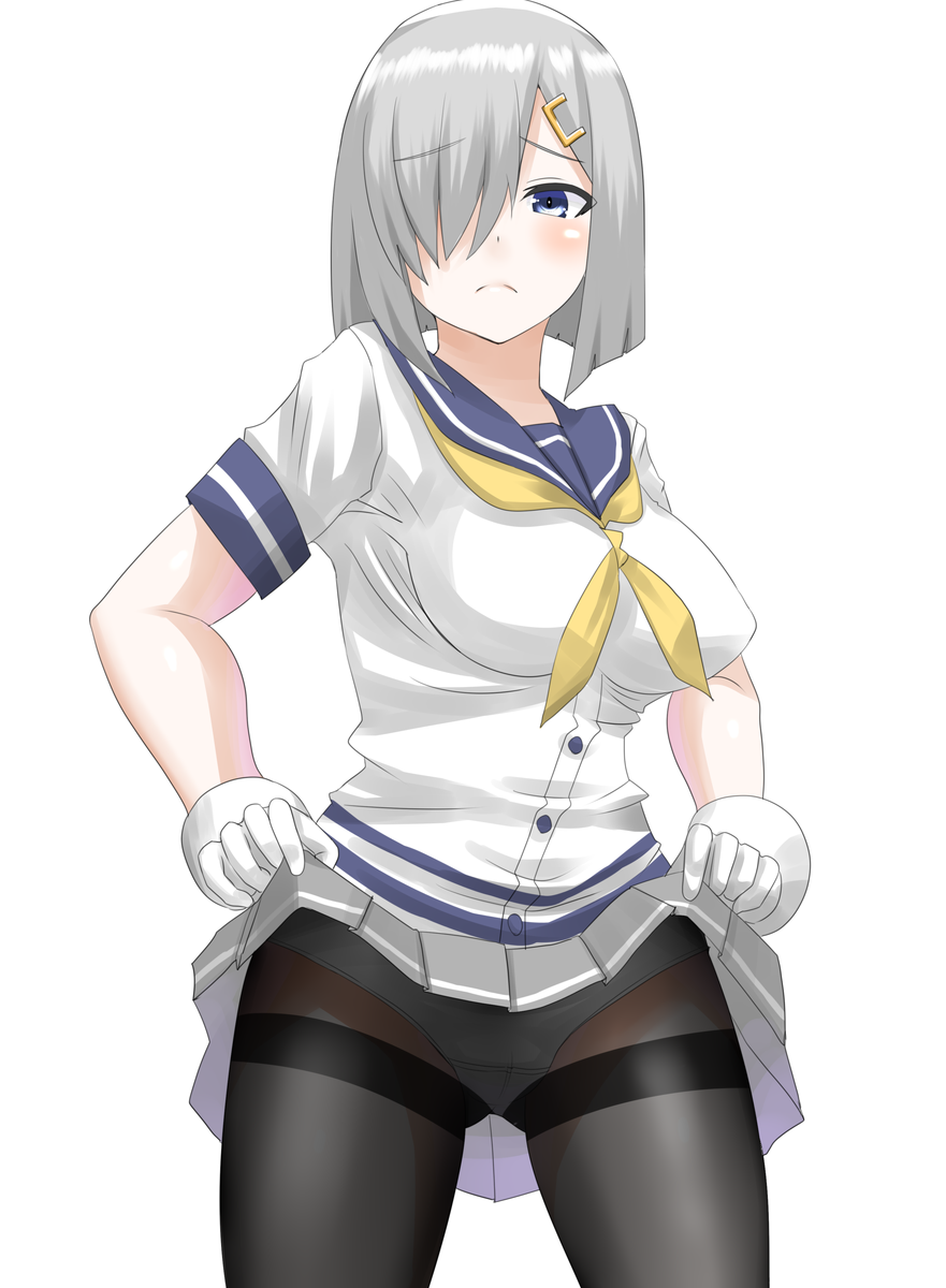 30-06 black_legwear blue_eyes breasts gloves hair_ornament hair_over_one_eye hairclip hamakaze_(kantai_collection) highres kantai_collection large_breasts lifted_by_self looking_at_viewer neckerchief panties panties_under_pantyhose pantyhose pleated_skirt sailor_collar school_uniform serafuku short_hair short_sleeves silver_hair skirt skirt_lift solo thighband_pantyhose underwear white_gloves white_panties yellow_neckwear