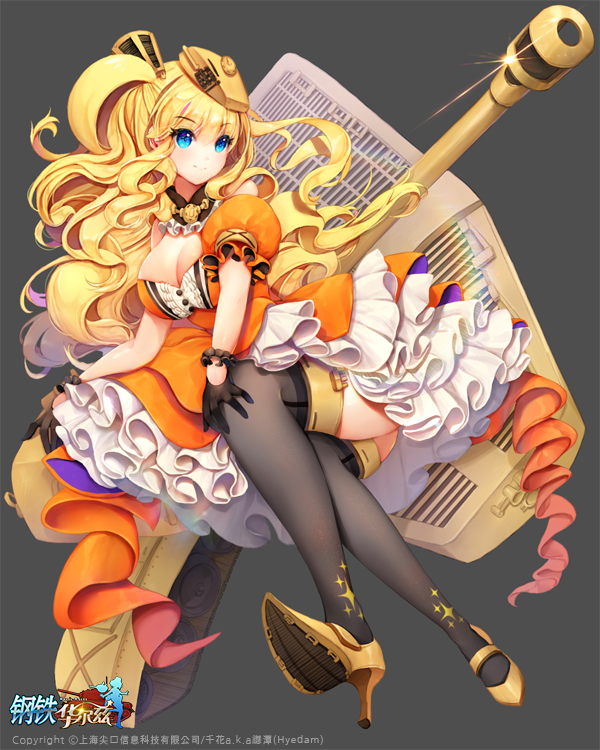 61um black_legwear blonde_hair blue_eyes breasts brown_footwear cleavage dress frilled_dress frills full_body glint grey_background hair_ornament hand_on_own_knee hat high_heels invisible_chair large_breasts looking_to_the_side official_art orange_dress panzer_waltz puffy_sleeves sitting smile solo t26e5_(panzer_waltz) two_side_up watermark yellow_hat