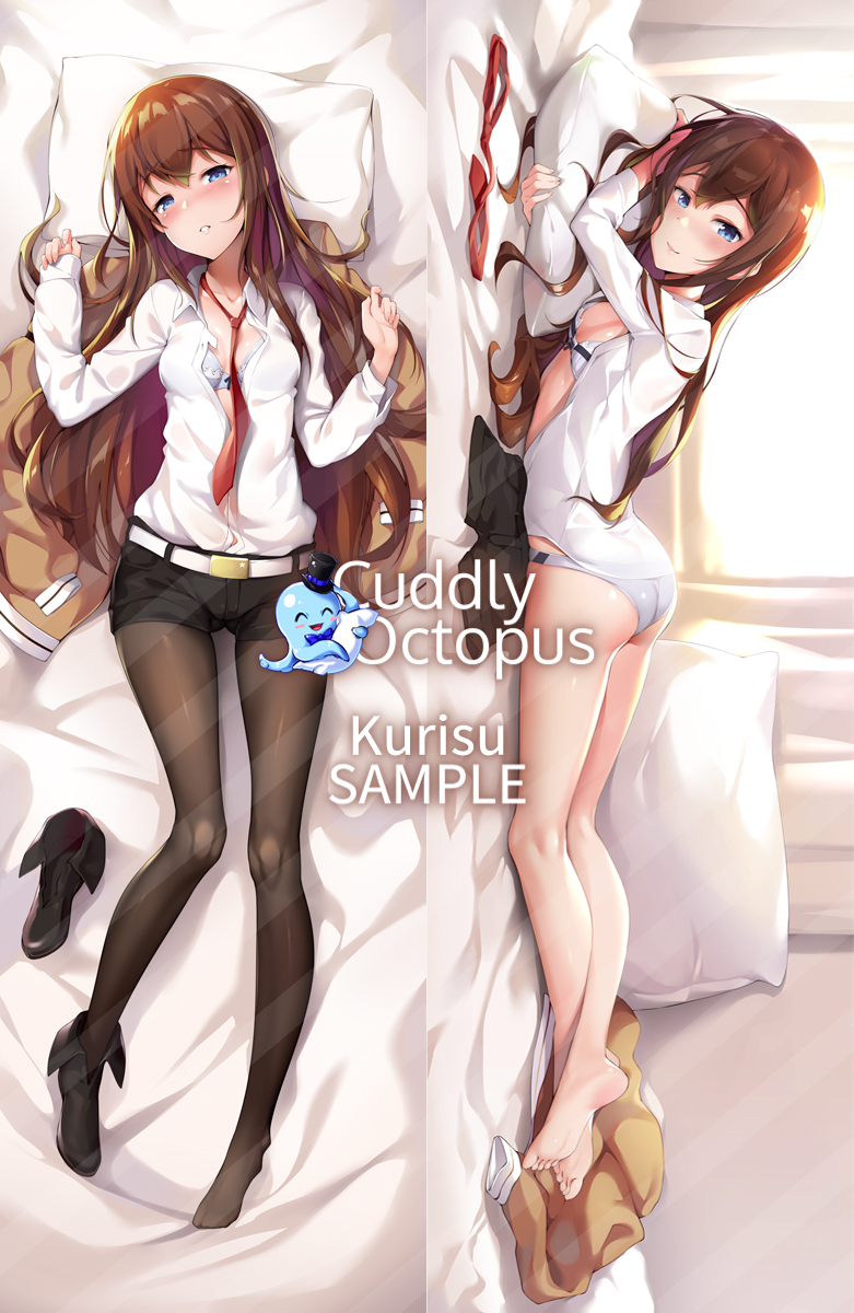 ass ass_visible_through_thighs bangs barefoot bed_sheet belt between_breasts black_footwear black_legwear blue_eyes blush bra breasts brown_hair crossed_legs dakimakura from_above from_side head_rest highres long_hair looking_at_viewer lying makise_kurisu multiple_views necktie necktie_between_breasts necktie_removed nose_blush on_back on_bed on_stomach panties pantyhose pantyhose_removed partially_unbuttoned pillow pillow_hug red_neckwear sample shirt shoe_removed shoes short_shorts shorts shorts_removed shuffle_(songdatiankong) single_shoe small_breasts smile steins;gate underwear very_long_hair w_arms watermark white_panties white_pillow white_shirt