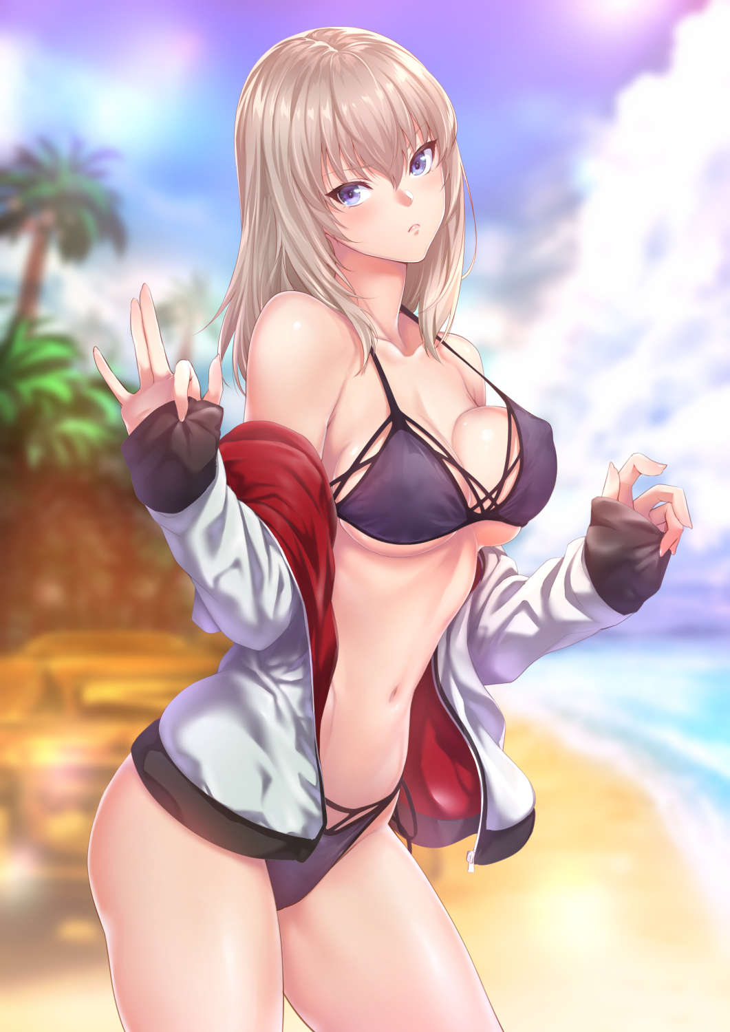bangs beach bikini bikini_under_clothes blue_eyes blue_sky blurry blurry_background bokeh breasts cleavage closed_mouth cloud cloudy_sky covered_nipples cowboy_shot day depth_of_field enty_reward eyebrows_visible_through_hair girls_und_panzer halter_top halterneck highres itsumi_erika jacket long_hair long_sleeves looking_at_viewer medium_breasts navel ocean off_shoulder open_clothes open_jacket outdoors paid_reward palm_tree purple_bikini sand sky sleeves_past_wrists solo standing strap_gap swimsuit tree water white_jacket zucchini