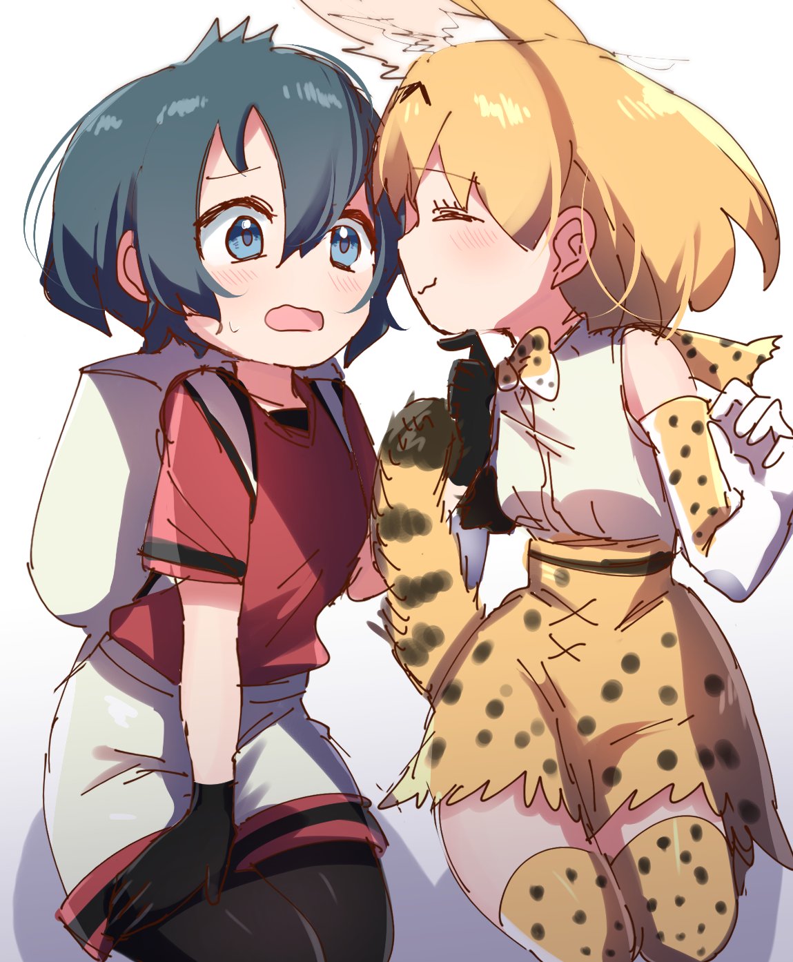 animal_ears backpack bag bare_shoulders black_hair blonde_hair blue_eyes blush chin_tickle closed_eyes elbow_gloves eyebrows_visible_through_hair gloves headwear_removed highres kaban_(kemono_friends) kemono_friends multicolored_hair multiple_girls pantyhose seiza serval_(kemono_friends) serval_ears serval_print serval_tail shirt short_hair short_sleeves shorts sitting skirt t-shirt tail thighhighs wavy_mouth yuri yutsu