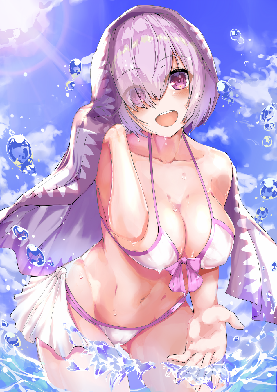 :d ass_visible_through_thighs bare_arms bare_shoulders bikini blanket blue_sky bow breasts cleavage cloud collarbone covered_nipples day eyebrows_visible_through_hair eyes_visible_through_hair fate/grand_order fate_(series) front-tie_bikini front-tie_top hair_over_one_eye head_tilt highres large_breasts leaning_forward lens_flare light_rays mash_kyrielight navel nigouu open_mouth pink_bow pink_hair purple_eyes round_teeth shiny shiny_hair short_hair side-tie_bikini sky smile solo splashing standing stmaster stomach sunbeam sunlight swimsuit tareme teeth thighs wading water water_drop white_bikini