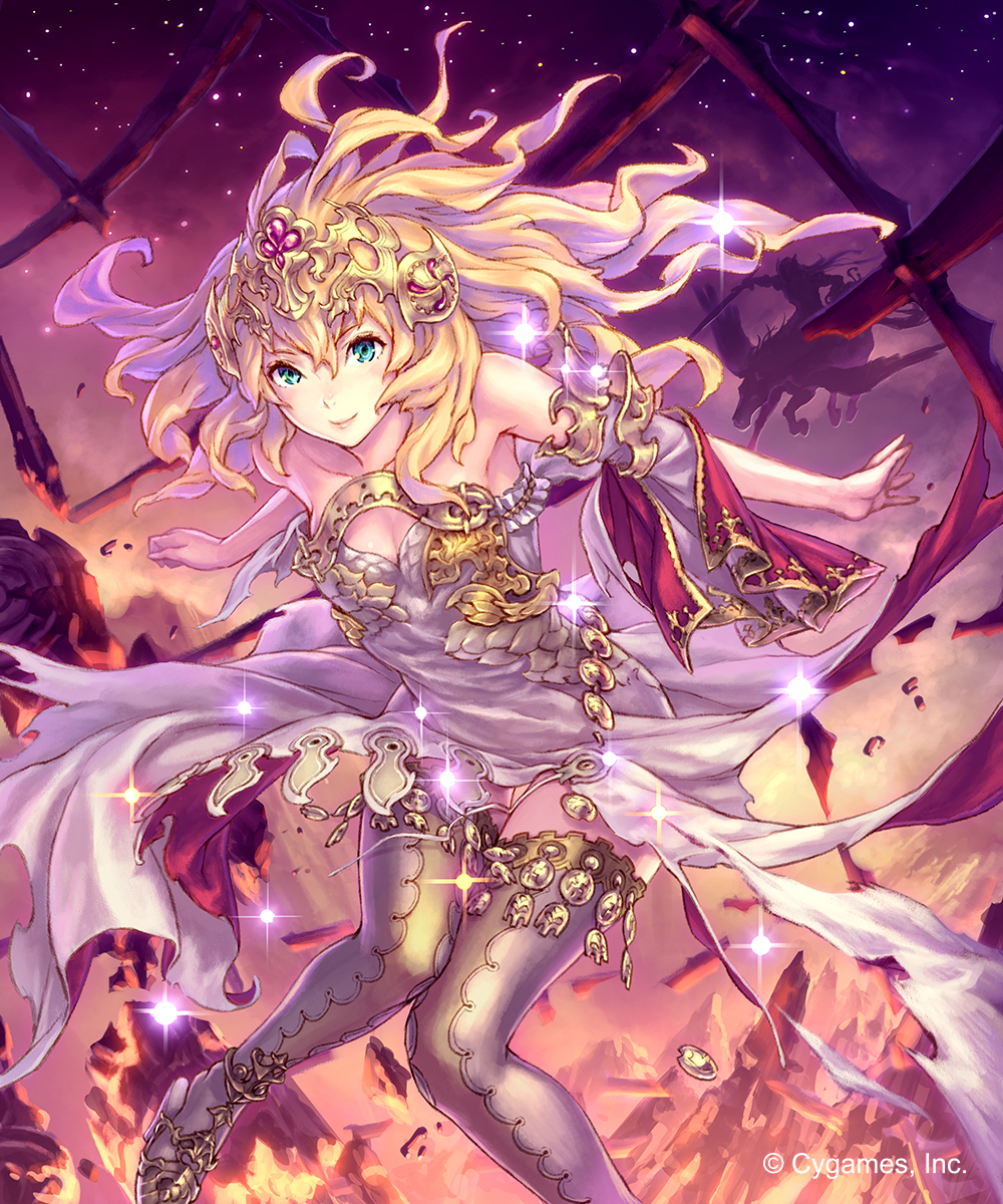 blonde_hair breasts cleavage collarbone detached_sleeves dress floating_hair green_eyes grey_dress grey_legwear hair_between_eyes hair_ornament highres hisakata_souji holding holding_sword holding_weapon long_hair looking_at_viewer medium_breasts night outstretched_arms pegasus riding shadowverse sky sleeveless sleeveless_dress solo_focus sparkle star_(sky) starry_sky striped striped_dress sword thighhighs very_long_hair weapon