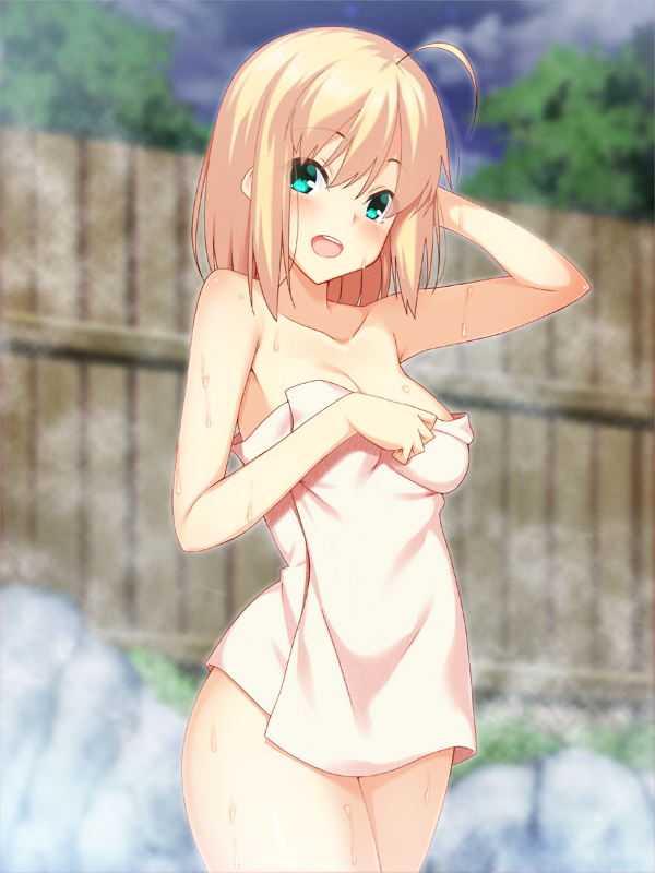 :d ahoge aqua_eyes arm_behind_head arm_up armpits artoria_pendragon_(all) blonde_hair blush breasts cleavage collarbone cowboy_shot eyebrows_visible_through_hair fate/stay_night fate_(series) fence looking_at_viewer naked_towel onsen open_mouth outdoors rock saber shiny shiny_hair short_hair skylader small_breasts smile solo standing steam tareme thighs towel water water_drop wet wooden_fence