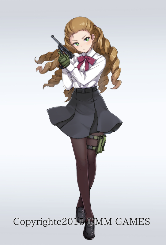 belt black_footwear black_skirt bow brown_hair brown_legwear character_request dated drill_hair full_body gloves green_eyes green_gloves gun handgun hands_up holding holding_gun holding_weapon long_hair looking_at_viewer official_art original pantyhose pistol red_bow school_uniform shamonor shirt shoes shooting_girl simple_background skirt solo standing thigh_strap watermark weapon white_shirt