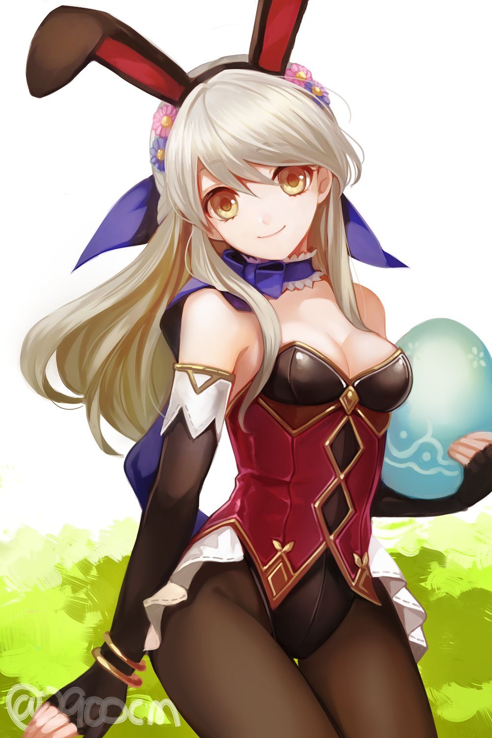 2900cm animal_ears bare_shoulders black_gloves blue_scarf blush bracelet bunny_ears bunny_girl bunny_tail bunnysuit detached_collar egg elbow_gloves fake_animal_ears fingerless_gloves fire_emblem fire_emblem:_akatsuki_no_megami fire_emblem_heroes gloves hair_ribbon highres jewelry long_hair looking_at_viewer micaiah ribbon scarf silver_hair solo tail yellow_eyes