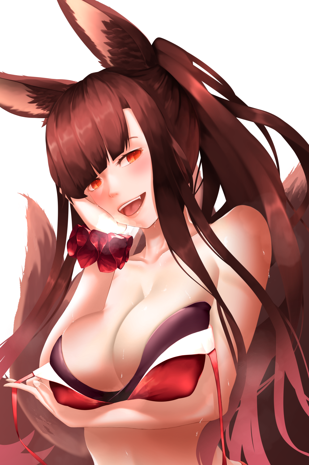 1girl akagi_(azur_lane) alternate_costume animal_ears arm_across_waist azur_lane bangs bikini blunt_bangs blush breast_lift breasts breathing brown_hair cleavage collarbone fangs fox_ears fox_tail half-closed_eyes hand_on_own_face highres large_breasts long_hair looking_at_viewer multiple_tails open_mouth pairleaf red_eyes red_scrunchie scrunchie simple_background smile solo swimsuit tail untied untied_bikini upper_body water_drop wet white_background