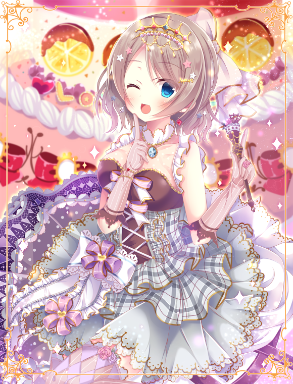 ;d blue_eyes blue_skirt blush border bow cross-laced_clothes earrings elbow_gloves finger_to_cheek food frilled_ribbon frills fruit gloves grey_hair hair_ornament hairpin index_finger_raised jewelry lace lace-trimmed_ribbon layered_skirt looking_at_viewer love_live! love_live!_sunshine!! mizuse_sakua one_eye_closed open_mouth orange orange_slice pendant plaid purple_gloves ribbon short_hair skirt smile solo star star_hair_ornament striped striped_bow tiara vertical-striped_gloves wand watanabe_you