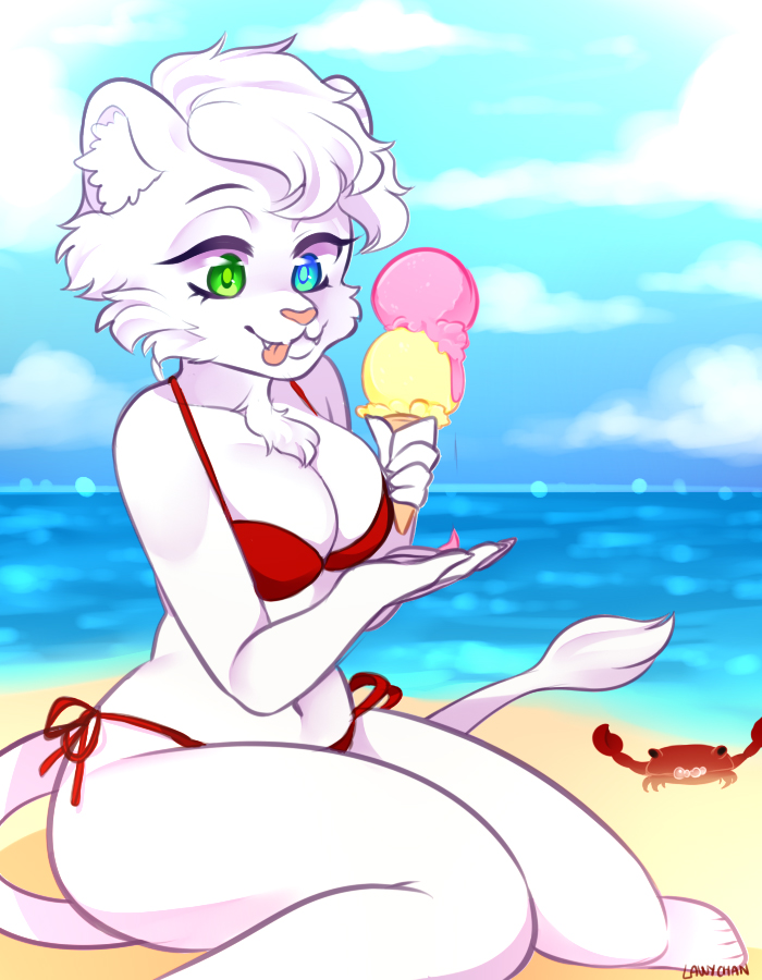 2018 anthro beach big_breasts big_butt bikini blue_eyes breasts butt chest_tuft clothed clothing cloud dessert digital_media_(artwork) fangs feline female firestorm3 food fur green_eyes hair heterochromia ice_cream lawychan lion mammal navel outside saber_(firestorm3) sea seaside sitting sky smile solo swimsuit thick_thighs tongue tongue_out tuft voluptuous water wide_hips young