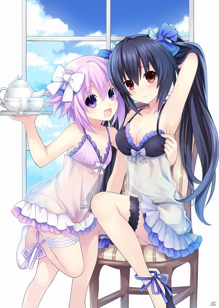 :d arm_behind_head armpits babydoll bare_shoulders black_hair blue_bow blush bow breasts cleavage cup frown hair_bow holding holding_tray long_hair looking_at_viewer medium_breasts multiple_girls neptune_(choujigen_game_neptune) neptune_(series) noire official_art open_mouth purple_eyes purple_hair red_eyes see-through short_hair sitting smile spaghetti_strap standing standing_on_one_leg teacup teapot thigh_strap tray tsunako twintails very_long_hair white_bow