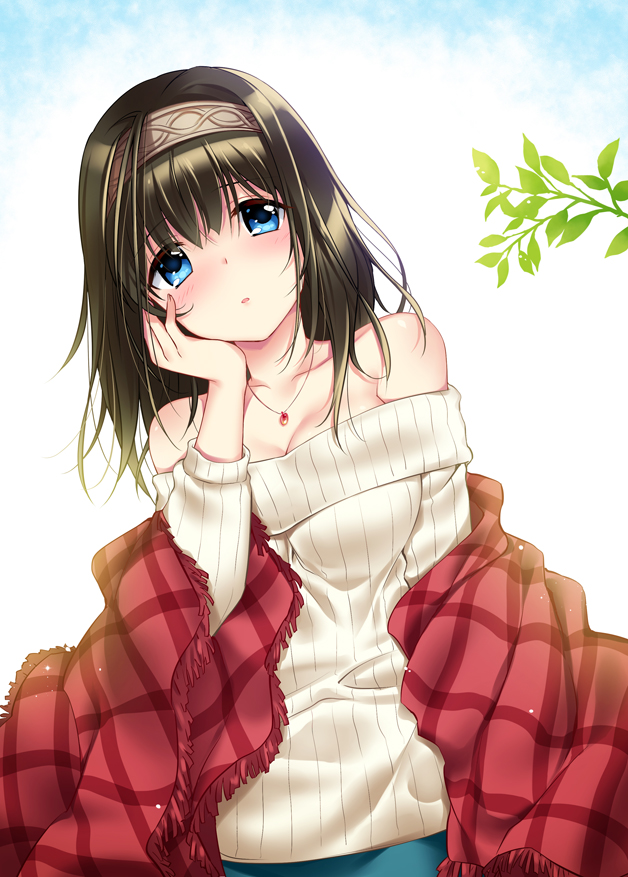 bare_shoulders blue_eyes blush breasts cleavage commentary_request hand_on_own_cheek head_tilt idolmaster idolmaster_cinderella_girls jewelry large_breasts looking_at_viewer medium_hair necklace off-shoulder_sweater p.kibi ribbed_sweater sagisawa_fumika shawl solo sweater