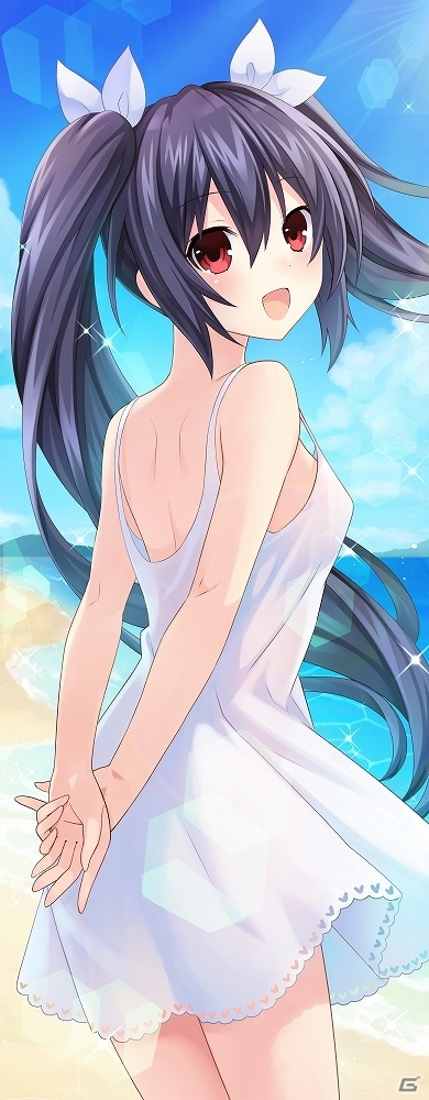 :d arms_behind_back bare_shoulders beach black_hair cowboy_shot day dress from_behind hair_between_eyes hair_ribbon long_hair looking_at_viewer looking_back neptune_(series) no_bra noire ocean official_art open_mouth outdoors red_eyes ribbon smile solo tsunako twintails very_long_hair white_dress