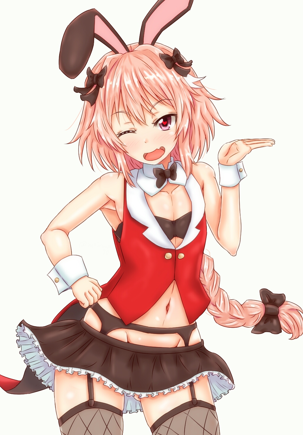 ;d animal_ears armpits ass_visible_through_thighs astolfo_(fate) bandeau bangs bare_arms bare_shoulders black_bow black_garter_belt black_legwear black_neckwear black_skirt blush bow bowtie braid bunny_ears bunnyboy clenched_hand coattails collarbone commentary contrapposto detached_collar dot_nose eyebrows_visible_through_hair eyelashes fang fate/apocrypha fate_(series) fishnet_legwear fishnets frilled_skirt frills garter_belt groin hair_bow hair_intakes hand_on_hip hand_up heart heart-shaped_pupils highres long_hair looking_at_viewer lowleg_skirt male_focus microskirt multicolored_hair navel one_eye_closed open_mouth otoko_no_ko pink_hair purple_eyes raised_eyebrows red_vest shiny shiny_hair simple_background single_braid skirt sleeveless smile solo standing stomach streaked_hair symbol-shaped_pupils thighhighs toned toned_male two-tone_hair very_long_hair vest white_background white_hair wrist_cuffs yasuda_hakaru zettai_ryouiki