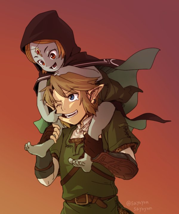1girl blonde_hair blue_skin carrying gloves hat hood jewelry link long_hair midna midna_(true) open_mouth orange_hair pointy_ears red_eyes sayoyonsayoyo short_hair shoulder_carry smile spoilers the_legend_of_zelda the_legend_of_zelda:_twilight_princess younger