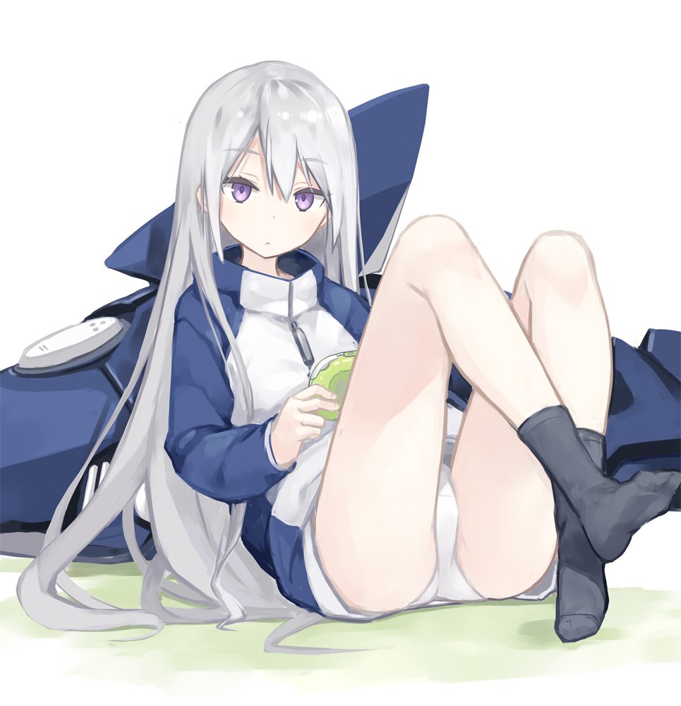 :&lt; ass bangs black_legwear closed_mouth commentary_request eyebrows_visible_through_hair game_console grey_hair holding jacket jpeg_artifacts legs_up long_hair long_sleeves looking_at_viewer no_shoes original panties poco_(asahi_age) purple_eyes sitting socks solo underwear very_long_hair white_background white_panties zipper