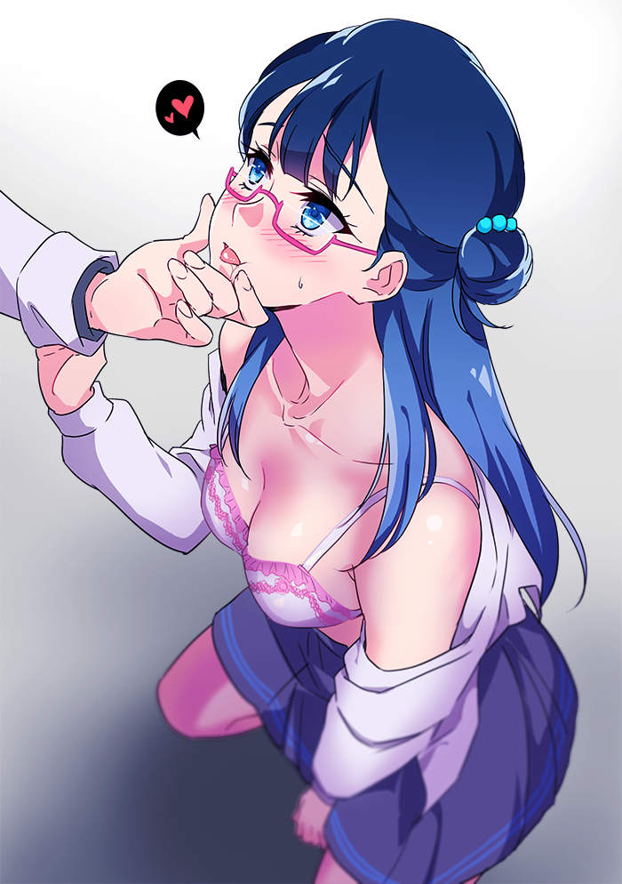 :p blue_eyes blue_hair blue_skirt blush bra breasts chin_grab cleavage collarbone glasses hair_bun heart hugtto!_precure kneeling l'avenir_academy_uniform long_hair looking_up medium_breasts negom out_of_frame pink-framed_eyewear precure skirt solo_focus spoken_heart tongue tongue_out underwear white_bra yakushiji_saaya