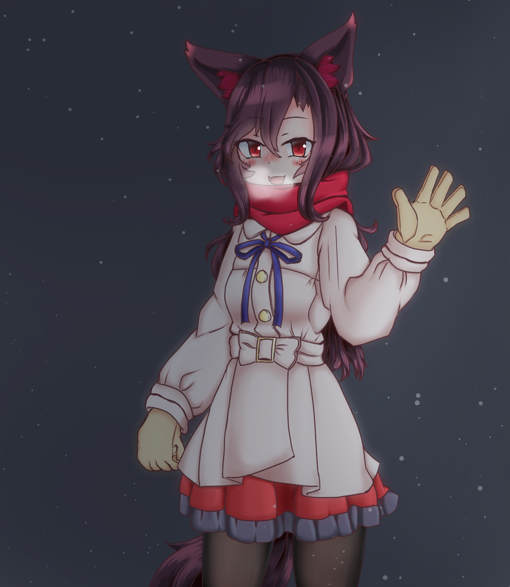 :d animal_ears bad_id bad_pixiv_id breath brown_hair coat commentary_request fang frilled_skirt frills gloves haruirokomici imaizumi_kagerou long_hair long_sleeves looking_at_viewer open_mouth pantyhose red_eyes scarf skirt smile snowing tail touhou wolf_ears wolf_tail