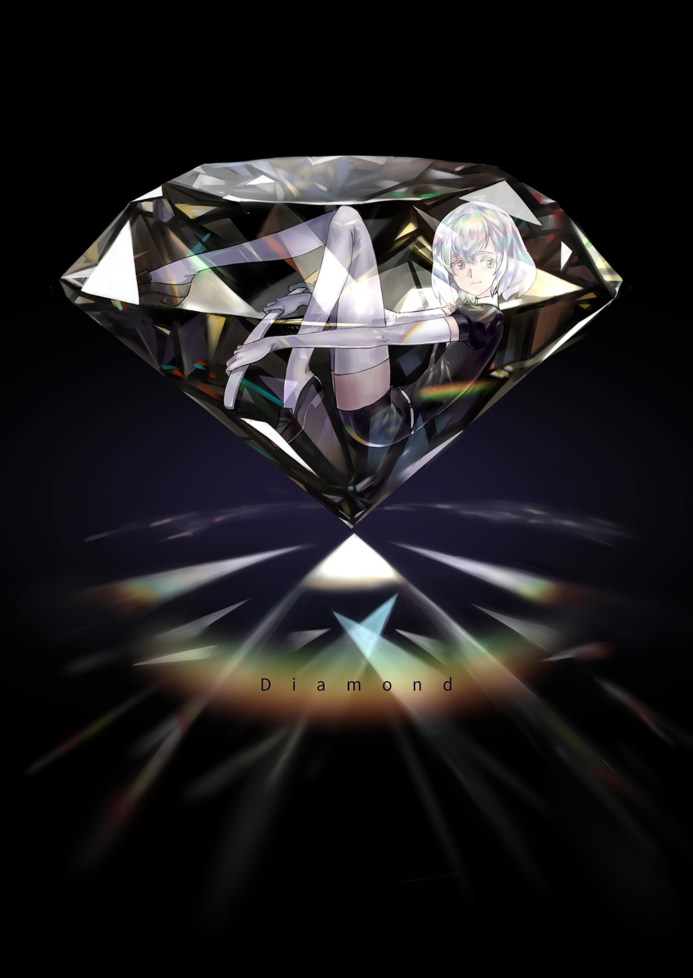 androgynous character_name crystal dark_background diamond diamond_(houseki_no_kuni) elbow_gloves fatlulu_(1008) gem gem_uniform_(houseki_no_kuni) gloves highres houseki_no_kuni in_container looking_at_viewer multicolored multicolored_eyes multicolored_hair rainbow_eyes rainbow_hair short_hair smile solo thighhighs white_eyes white_hair