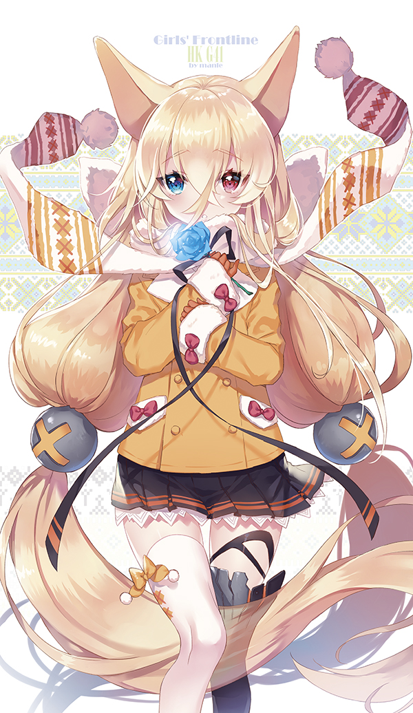 animal_ears artist_name bangs black_legwear black_ribbon black_skirt blue_eyes blue_flower blue_rose blush bow cat_ears character_name commentary copyright_name eyebrows_visible_through_hair flower fur-trimmed_sleeves fur_trim g41_(girls_frontline) girls_frontline gloves hair_between_eyes hair_ornament hands_up heterochromia jacket long_sleeves looking_at_viewer manle mismatched_legwear orange_bow orange_gloves orange_jacket parted_lips pleated_skirt pom_pom_(clothes) red_eyes ribbon rose scarf skirt sleeves_past_wrists solo thighhighs white_legwear white_scarf