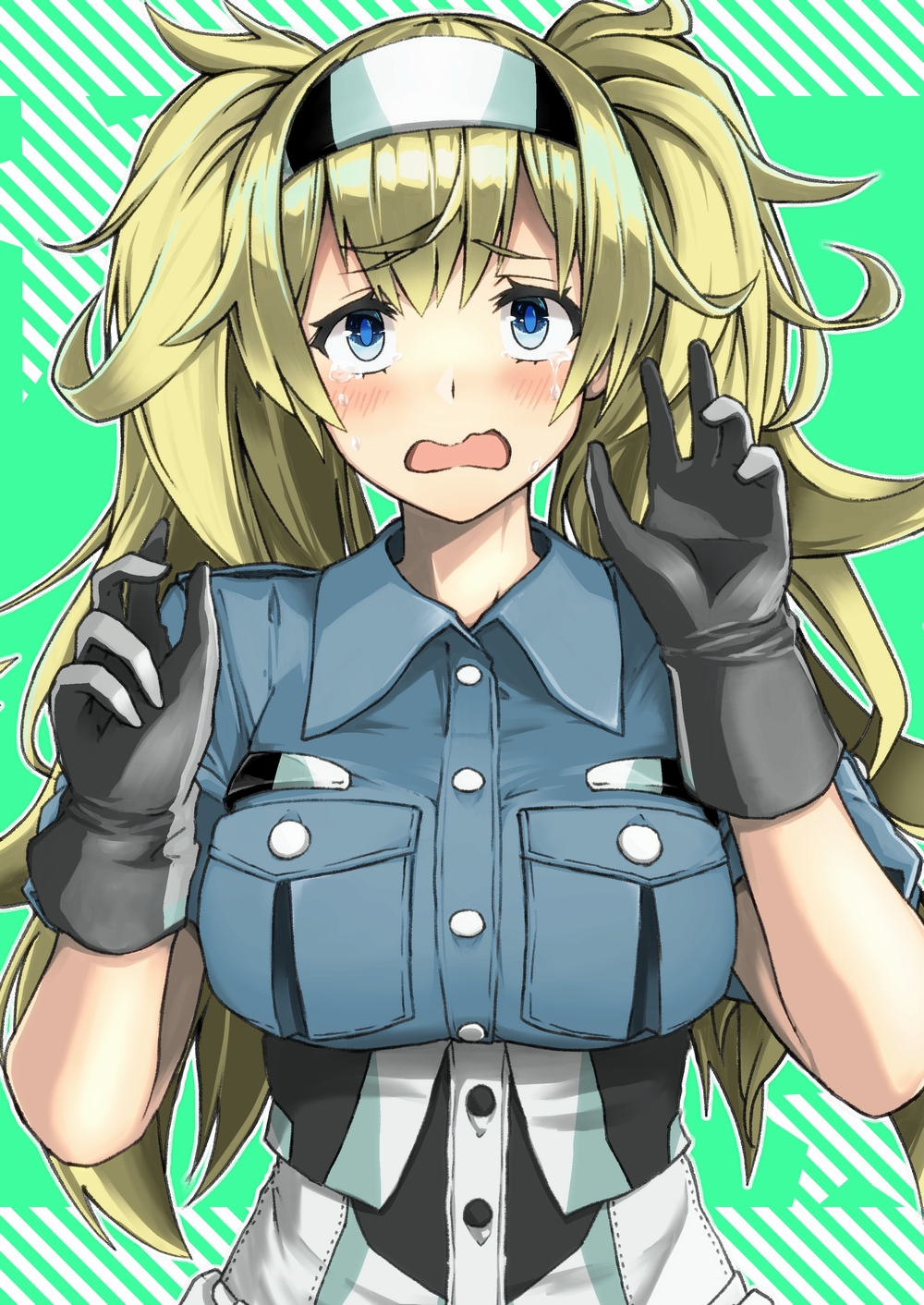 black_gloves blonde_hair blue_eyes blue_shirt blush breast_pocket breasts collared_shirt commentary_request crying crying_with_eyes_open gambier_bay_(kantai_collection) gloves green_background hair_between_eyes hairband highres kantai_collection large_breasts long_hair open_mouth pocket shirt short_sleeves solo tears tsurukawasha twintails upper_body