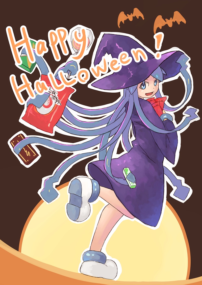blue_eyes blue_hair commentary_request dress english from_behind full_body halloween happy_halloween hat ikamusume long_hair looking_at_viewer looking_back open_mouth shinryaku!_ikamusume solo standing standing_on_one_leg tentacle_hair tesshii_(riza4828) translation_request witch_hat