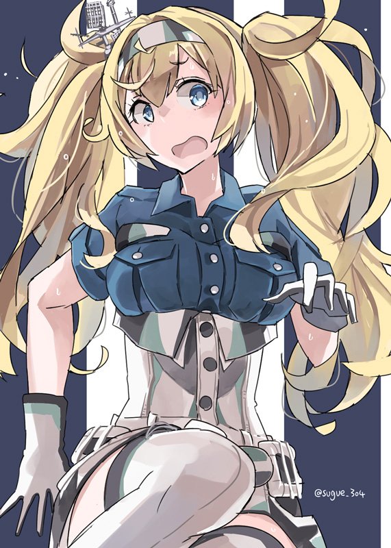 belt blonde_hair blue_eyes blue_shirt blush breast_pocket breasts collared_shirt commentary gambier_bay_(kantai_collection) gloves hair_between_eyes hairband kantai_collection large_breasts long_hair open_mouth pocket shirt short_sleeves shorts simple_background solo sugue_tettou thighhighs twintails white_legwear