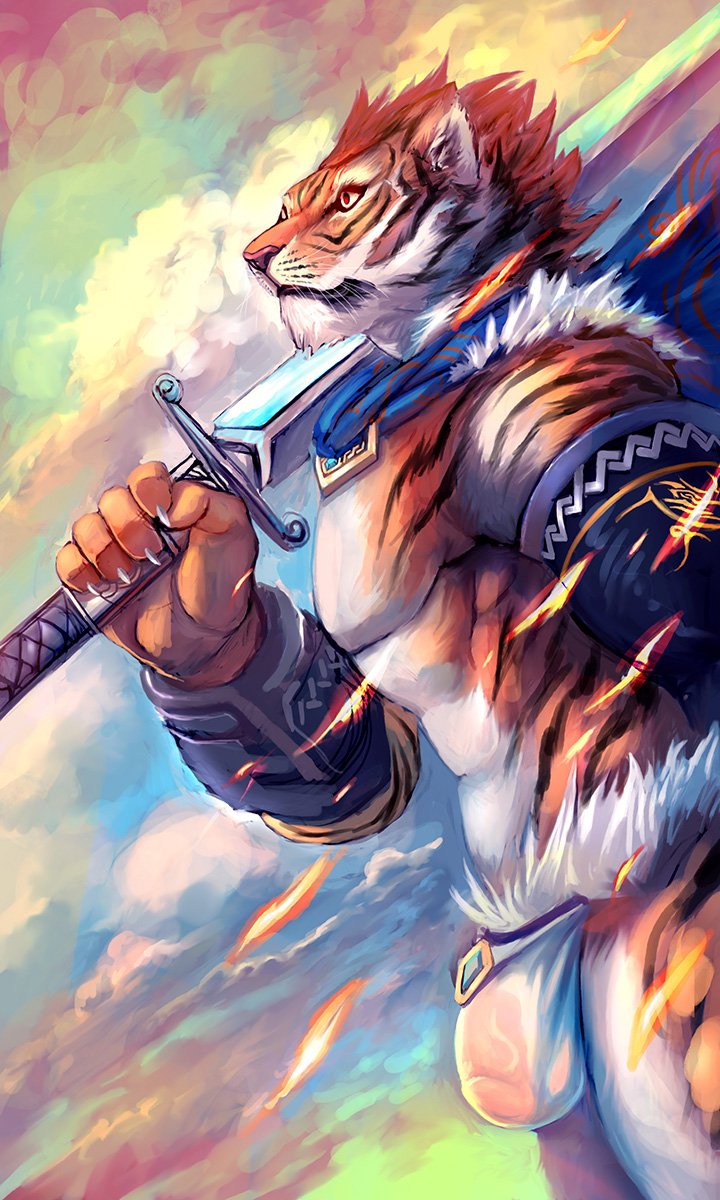 abs anthro bulge cheetahpaws claws close-up clothed clothing detailed feline fire flaccid fur hair male mammal manly melee_weapon mostly_nude muscular pecs penis sharp_claws solo standing sword tiger underwear vein veiny_penis warrior weapon whiskers
