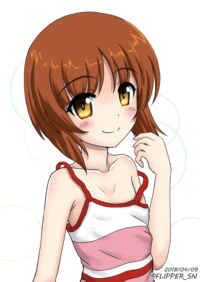 bangs brown_eyes brown_hair camisole circle closed_mouth collarbone commentary dated eyebrows_visible_through_hair flipper girls_und_panzer looking_at_viewer nishizumi_miho off_shoulder pink_shirt shirt short_hair simple_background smile solo standing strap_slip twitter_username upper_body white_background younger