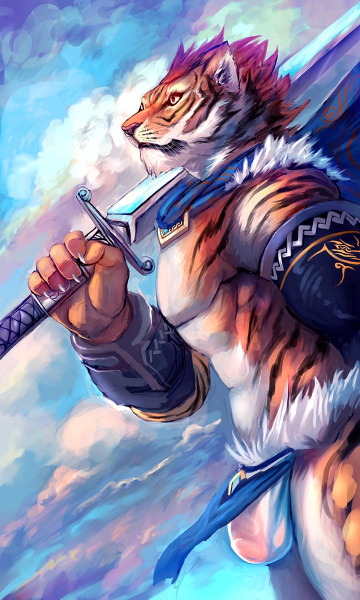 abs anthro bulge cheetahpaws claws close-up clothed clothing detailed feline flaccid fur hair loincloth male mammal manly melee_weapon mostly_nude muscular pecs penis sharp_claws solo standing sword tiger underwear vein veiny_penis warrior weapon whiskers