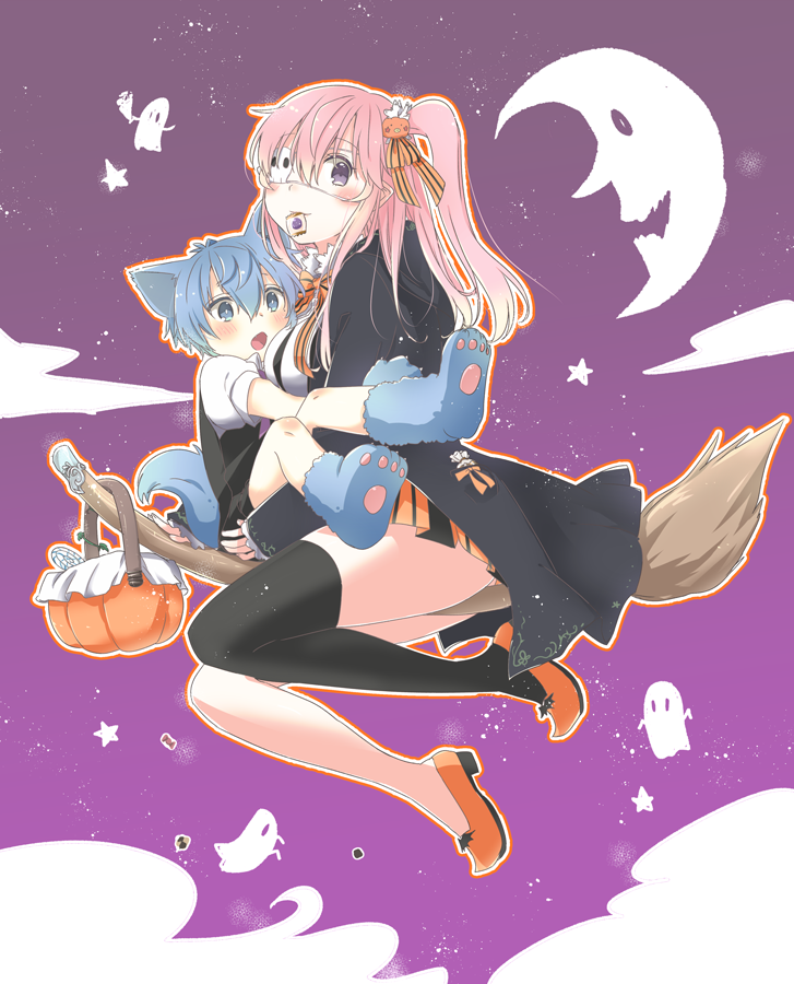 1girl age_difference animal_ears black_legwear blue_eyes blue_hair blush broom broom_riding flying full_body halloween looking_at_viewer original os_(os_fresa) tail wolf_ears wolf_paws wolf_tail