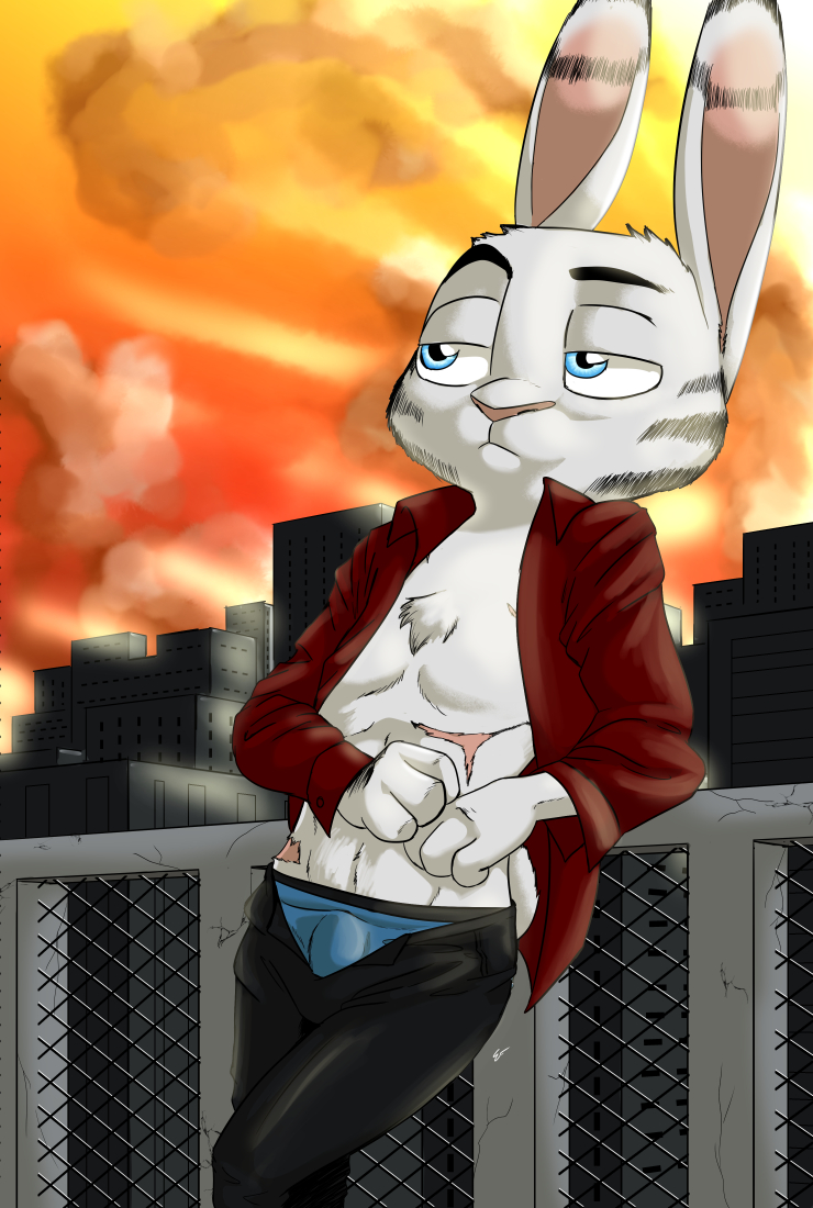 2018 akiric anthro bare_chest blue_eyes bulge chest_tuft clothed clothing disney ear_markings facial_markings fur_markings half-closed_eyes jack_savage lagomorph leaning male mammal markings open_pants open_shirt outside rabbit scar solo tuft underwear zootopia