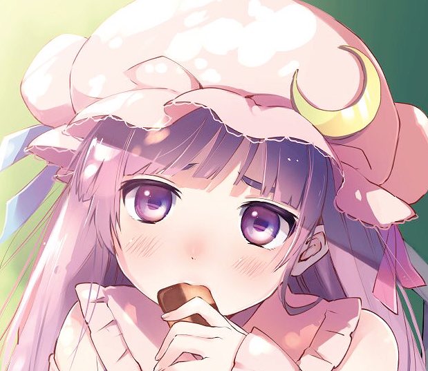 bangs blue_ribbon blunt_bangs blush bun_cover collared_dress commentary_request cookie crescent crescent_moon_pin dress ear eating fingernails food gradient gradient_background green_background hat hat_ribbon holding holding_food jpeg_artifacts long_hair long_sleeves looking_at_viewer mob_cap nose_blush patchouli_knowledge pink_dress pink_hat purple_eyes purple_hair red_ribbon ribbon solo thick_eyebrows touhou upper_body vanilla_(miotanntann) yellow_background