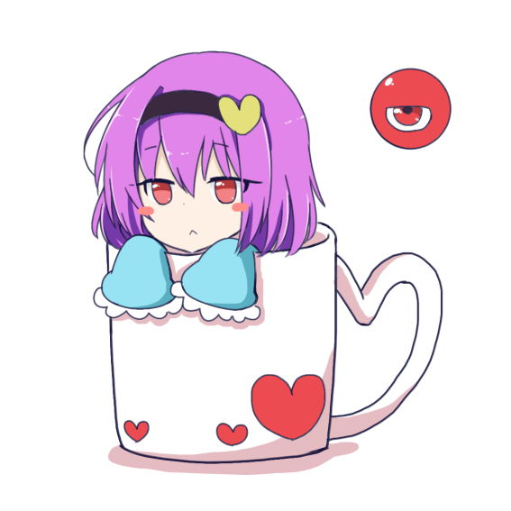 :&lt; bangs black_hairband blush_stickers commentary_request cup eyebrows_visible_through_hair frilled_sleeves frills hair_between_eyes hairband heart in_container in_cup jitome komeiji_satori long_sleeves looking_at_viewer minigirl mug purple_hair red_eyes shadow short_hair simple_background solo third_eye touhou white_background wide_sleeves ying1hua1