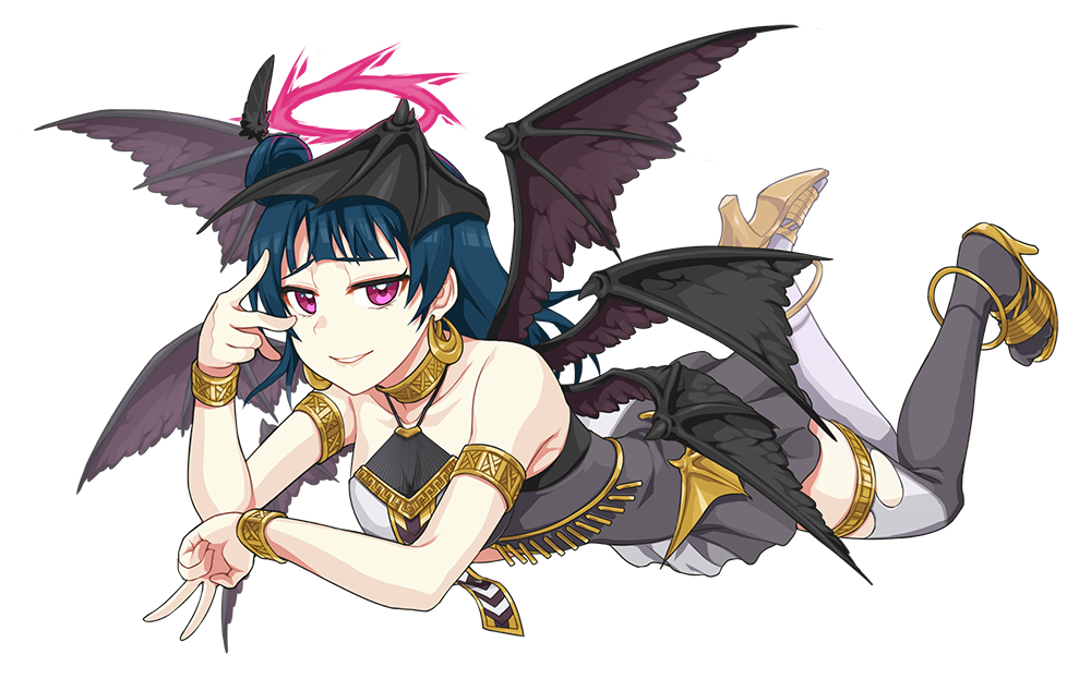 ankle armlet bangs bare_shoulders black_feathers black_legwear black_wings blue_hair bracelet chu_kai_man dark_halo demon_girl demon_wings double_v dress earrings feathered_wings feathers full_body furrowed_eyebrows gold_trim grey_legwear hair_feathers half-closed_eyes halterneck head_wings high_heels jewelry looking_at_viewer love_live! love_live!_sunshine!! lying multiple_wings necklace on_stomach parted_lips purple_eyes seraph side_bun sleeveless smile solo spiked_wings stiletto_heels thighhighs thighlet transparent_background tsushima_yoshiko two-tone_dress two-tone_legwear v w_over_eye wings