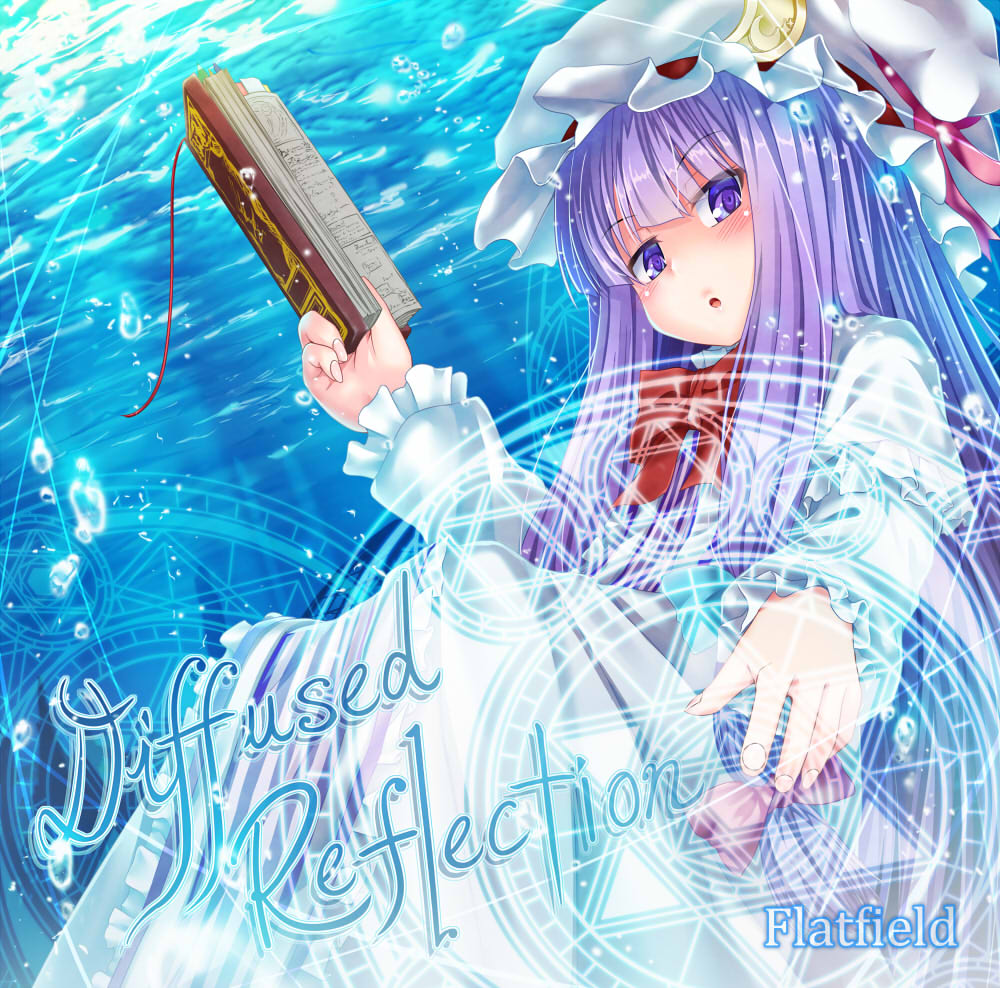 :o air_bubble album_cover bangs blue_ribbon blunt_bangs book bookmark bubble circle_name commentary_request cover crescent crescent_moon_pin dress eyebrows_visible_through_hair eyes_visible_through_hair feet_out_of_frame fingernails frilled_sleeves frills grimoire hair_ribbon hand_up hat hat_ribbon hexagram holding holding_book index_finger_raised jitome light_blush long_hair long_sleeves looking_at_viewer magic_circle mob_cap neck_ribbon patchouli_knowledge puffy_long_sleeves puffy_sleeves purple_dress purple_eyes purple_hair red_neckwear red_ribbon ribbon sidelocks sitting solo touhou umarutsufuri underwater