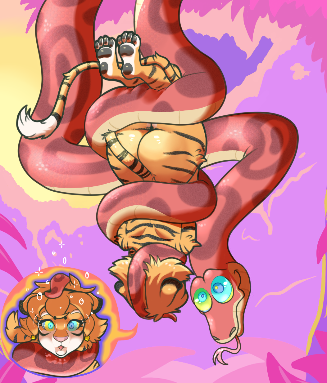 butt coiling duo feline female hypnofood hypnosis looking_at_viewer mammal mind_control open_mouth paws plsgts reptile saalim scalie snake thick_thighs tiger tongue tongue_out upside_down