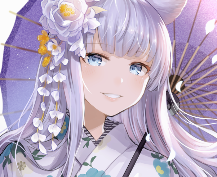 animal_ears bangs blue_eyes blush commentary_request erune eyebrows_visible_through_hair floral_print flower granblue_fantasy hair_flower hair_ornament holding holding_umbrella japanese_clothes kimono korwa long_hair looking_at_viewer myusha oriental_umbrella parted_lips petals portrait silver_hair smile solo umbrella