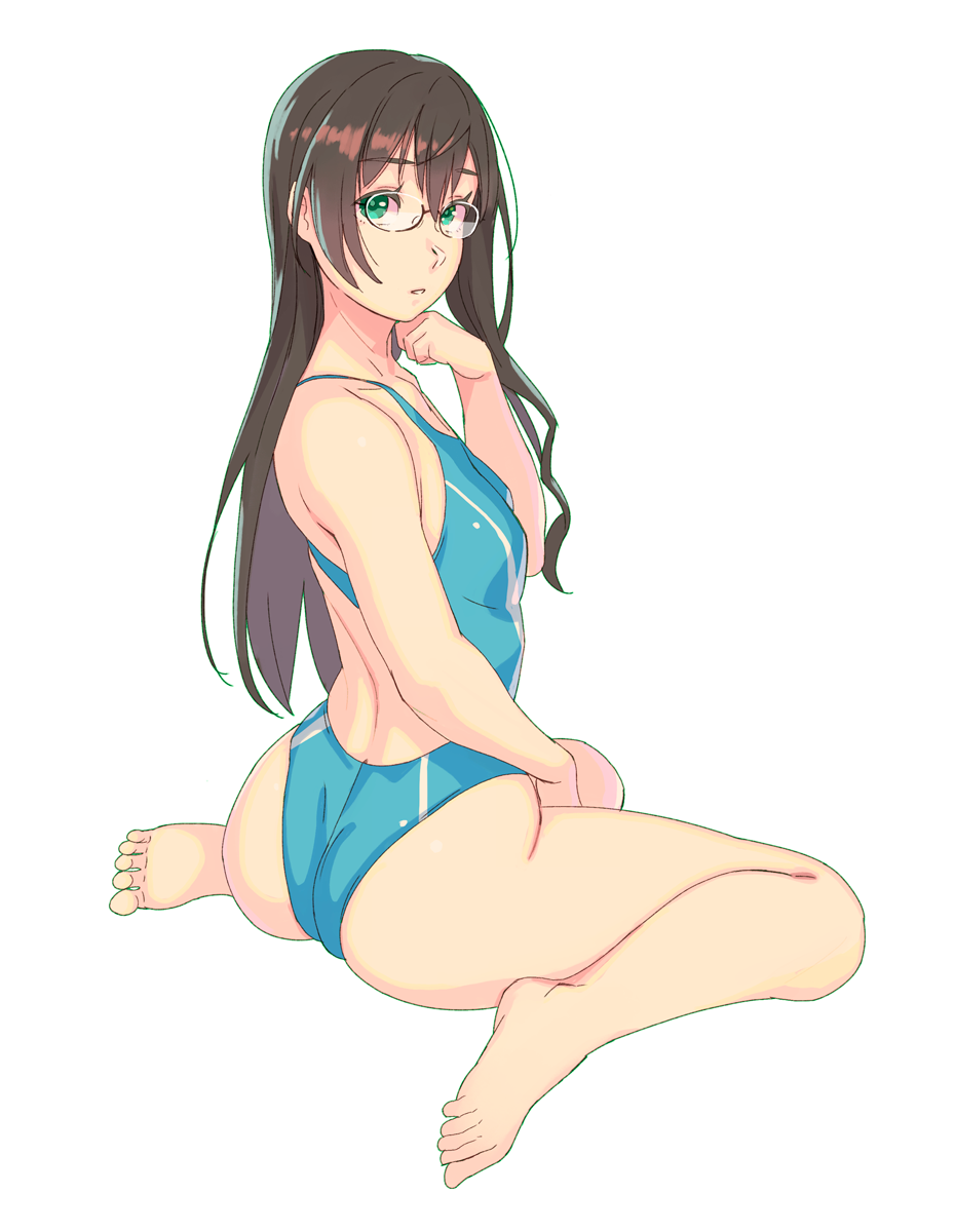 ass barefoot black_hair blue_swimsuit competition_swimsuit from_behind full_body glasses green_eyes highres kantai_collection long_hair looking_at_viewer looking_back one-piece_swimsuit ooyodo_(kantai_collection) semi-rimless_eyewear simple_background sitting solo swimsuit under-rim_eyewear wariza white_background yuuji_(and)