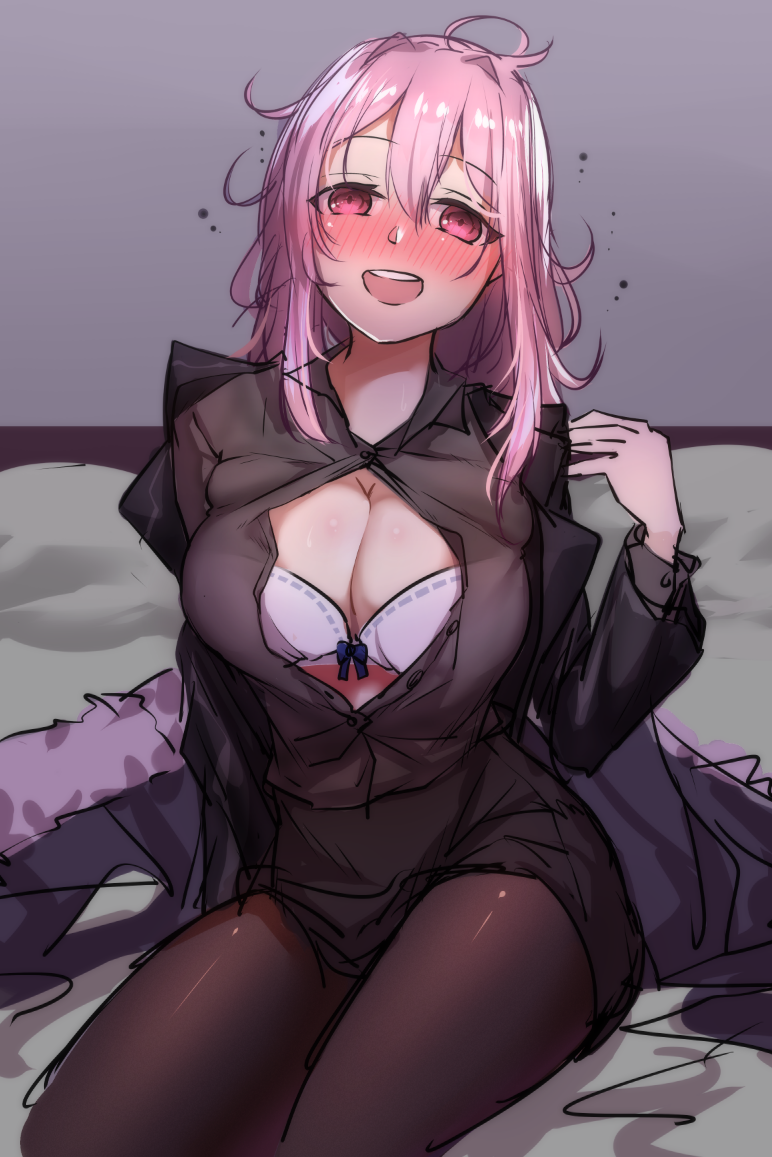 black_clothes black_legwear blush bra breasts cleavage commentary drunk large_breasts long_hair looking_at_viewer open_clothes open_mouth open_shirt original pantyhose pink_hair red_eyes shirt solo underwear xiujia_yihuizi