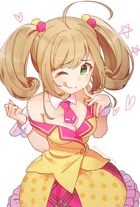 :q ;q ahoge bangs blonde_hair blush breasts cleavage cowboy_shot dress eyebrows_visible_through_hair fake_wings finger_to_cheek frilled_dress frills green_eyes hair_ornament heart idolmaster idolmaster_cinderella_girls large_breasts long_hair looking_at_viewer one_eye_closed satou_shin simple_background smile solo star swept_bangs taranbo tongue tongue_out twintails twitter_username white_background wings wrist_cuffs yellow_dress
