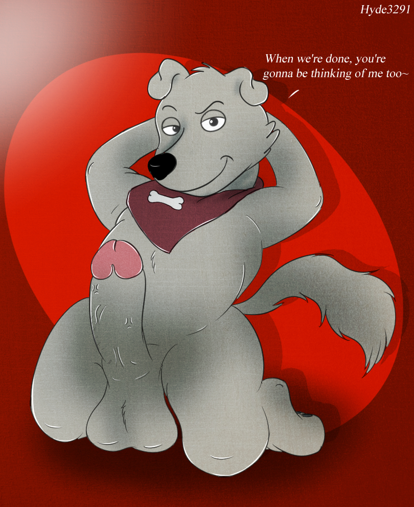 anthro balls bandanna canine dialogue dog erection family_guy fur grey_fur humanoid_penis hyde3291 kneeling looking_at_viewer male mammal new_brian penis pose presenting presenting_penis red_background simple_background smile solo