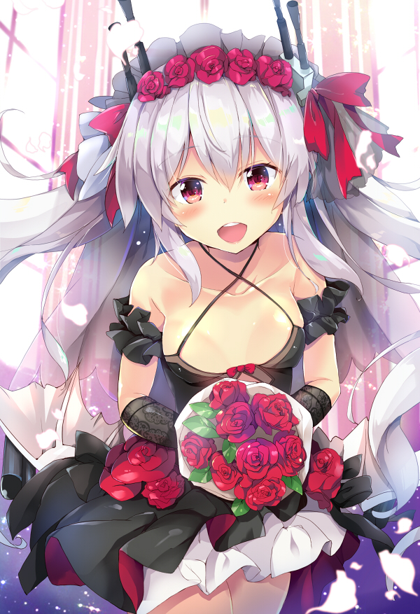 :d arm_garter azur_lane bangs bare_shoulders black_dress black_gloves blush bouquet breasts cleavage closed_mouth collarbone commentary_request criss-cross_halter dress dress_bow elbow_gloves eyebrows_visible_through_hair floating_hair flower gloves hair_between_eyes hair_ornament hair_ribbon halterneck headgear holding holding_bouquet light_particles long_hair looking_at_viewer low_wings maruchan. open_mouth petals red_eyes red_flower red_rose ribbon rose sidelocks silver_hair silver_wings small_breasts smile solo standing tiara twintails upper_teeth vampire_(azur_lane) very_long_hair wind wings