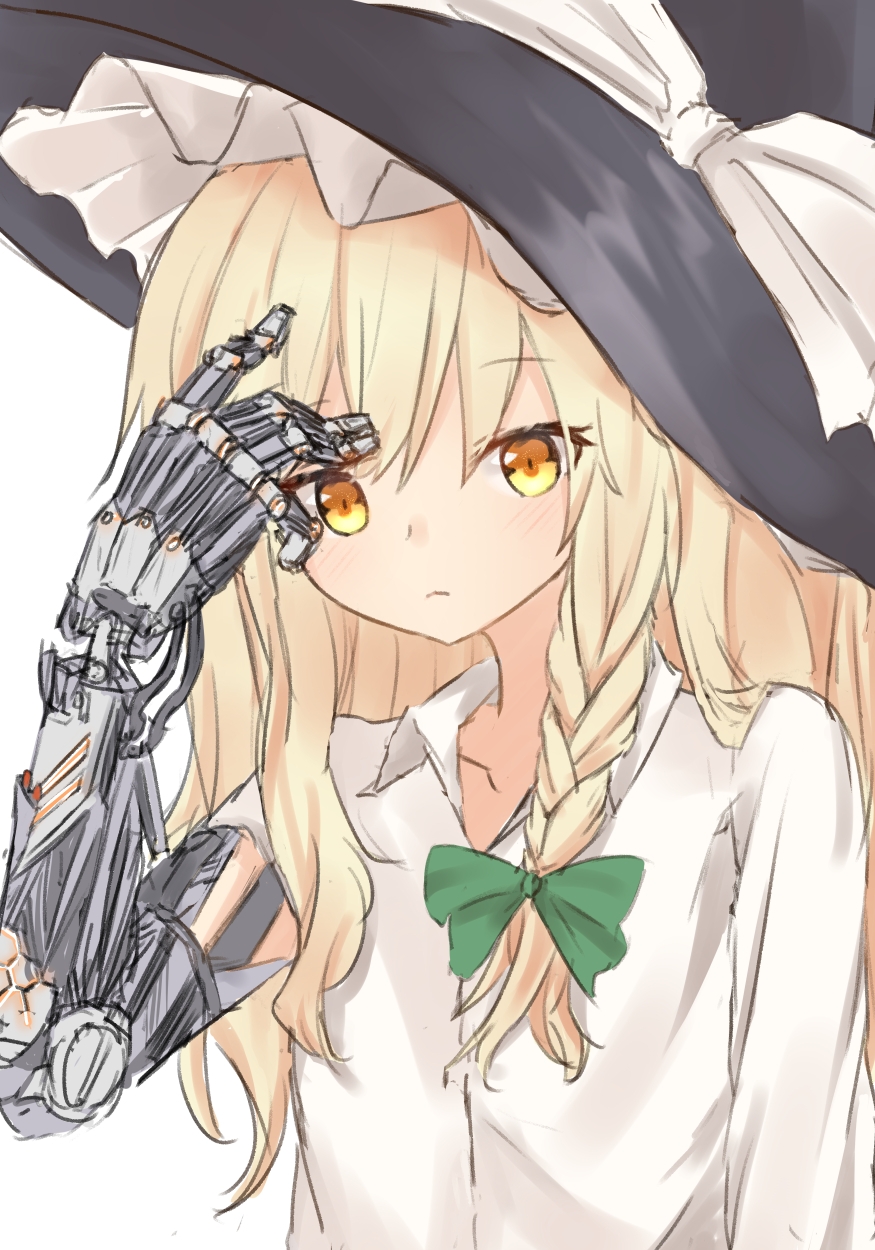 blonde_hair blush braid collarbone collared_shirt cybernetic_parts cyborg frown hat highres kirisame_marisa long_hair long_sleeves looking_at_viewer marisuku mechanical_arm prosthesis shirt side_braid single_braid solo touhou wire witch_hat yellow_eyes