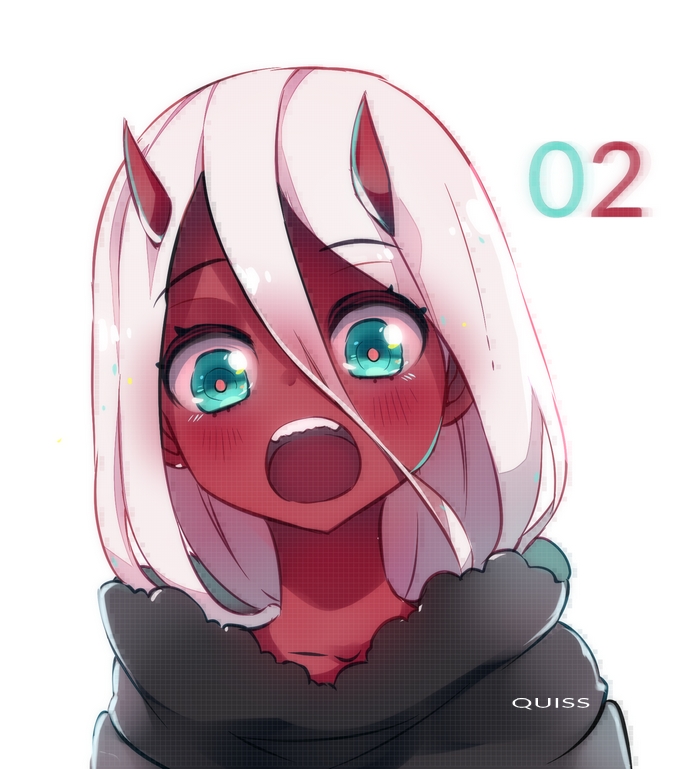 aqua_eyes blush character_name child darling_in_the_franxx eyebrows_visible_through_hair fur_trim hair_between_eyes horns long_hair looking_at_viewer oni oni_horns open_mouth pink_hair quiss red_skin shiny shiny_hair simple_background solo spoilers tareme upper_body upper_teeth white_background younger zero_two_(darling_in_the_franxx)