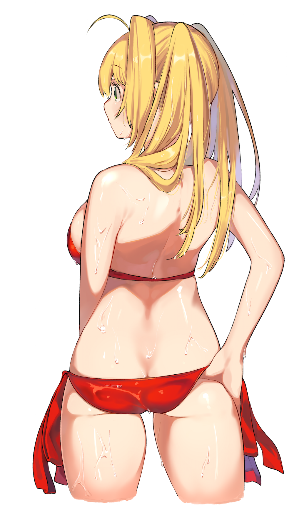 animal_ears ass back bangs bare_arms bare_back bare_shoulders bikini blonde_hair blush breasts closed_mouth cowboy_shot cropped_legs eyebrows_visible_through_hair fate/grand_order fate_(series) from_behind green_eyes hair_intakes hand_on_hip highres kei_(soundcross) legs_apart long_hair looking_away looking_to_the_side medium_breasts nero_claudius_(fate)_(all) nero_claudius_(swimsuit_caster)_(fate) red_bikini red_ribbon ribbon shiny shiny_skin side-tie_bikini sideboob simple_background solo standing swimsuit tareme thighs twintails water water_drop wet wet_hair white_background